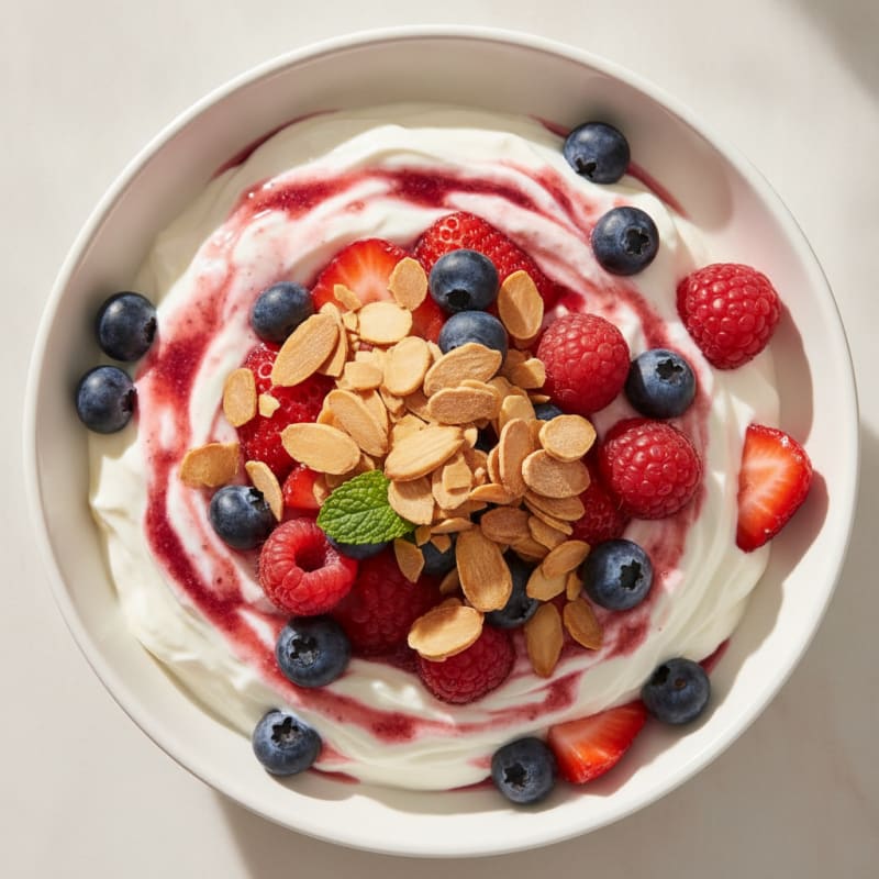 Greek Yogurt Protein Parfait with Mixed Berries and Almonds