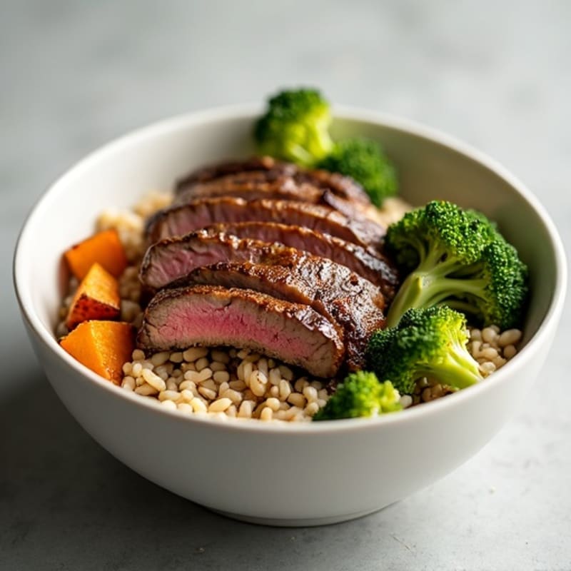 Grilled Steak Rice Bowl with Roasted Broccoli and Sweet Potato