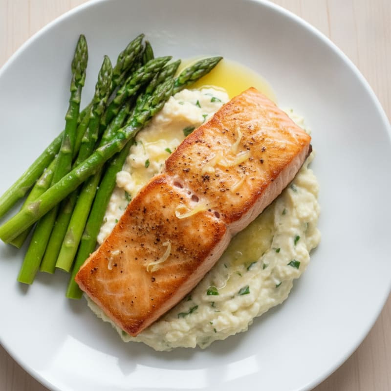Seared Salmon Fillet with Steamed Asparagus and Cauliflower Mash