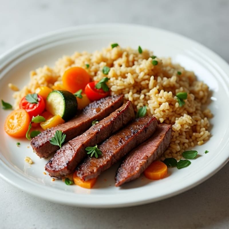 Seared Beef Strips with Steamed Mixed Vegetables and Jasmine Rice