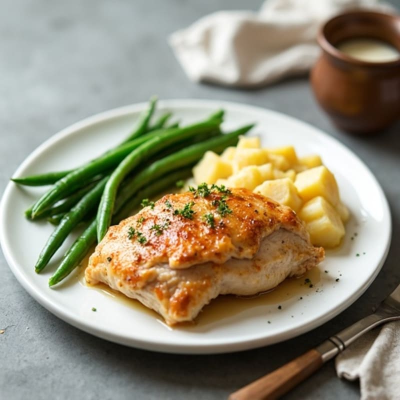 Roasted Chicken Thighs with Creamy Scalloped Potatoes and Crisp Green Beans