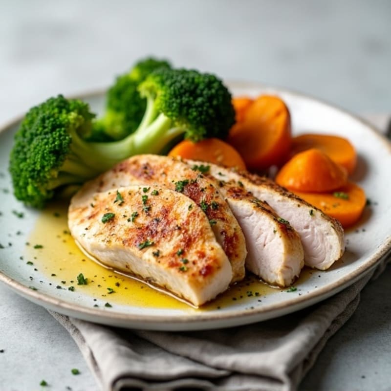 Seared Turkey Breast with Steamed Broccoli and Roasted Sweet Potato