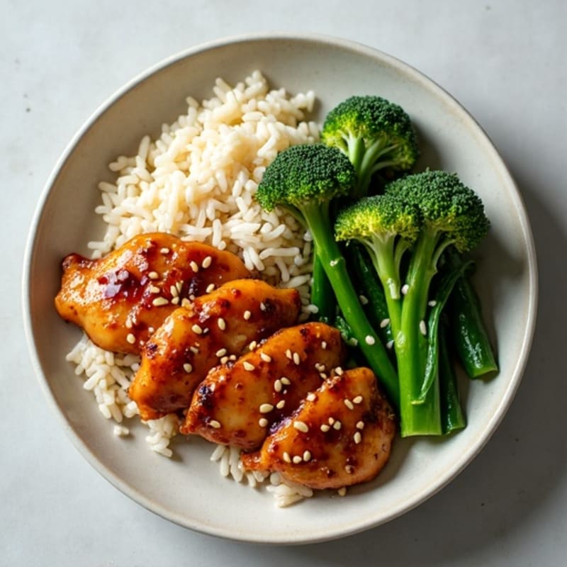 Sticky Sesame Chicken with Steamed Greens and Sticky Rice