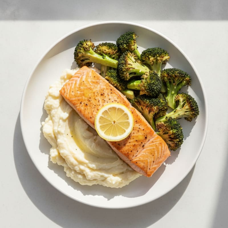 Seared Salmon with Roasted Broccoli and Garlic Mashed Cauliflower