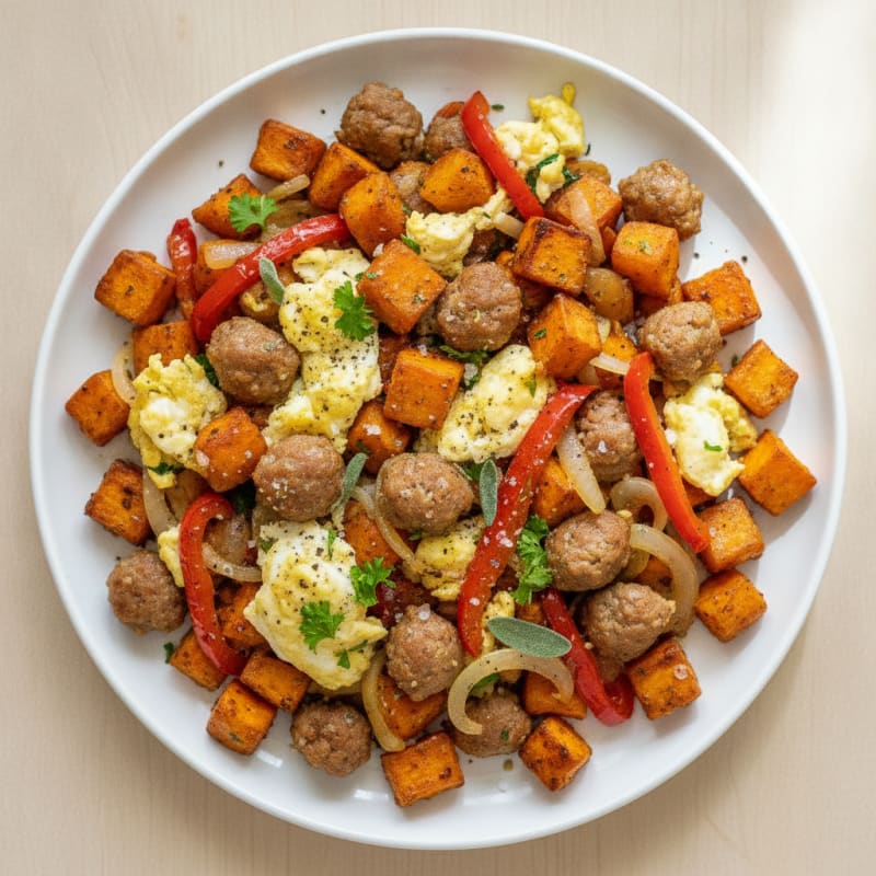 Sausage and Sweet Potato Hash with Eggs