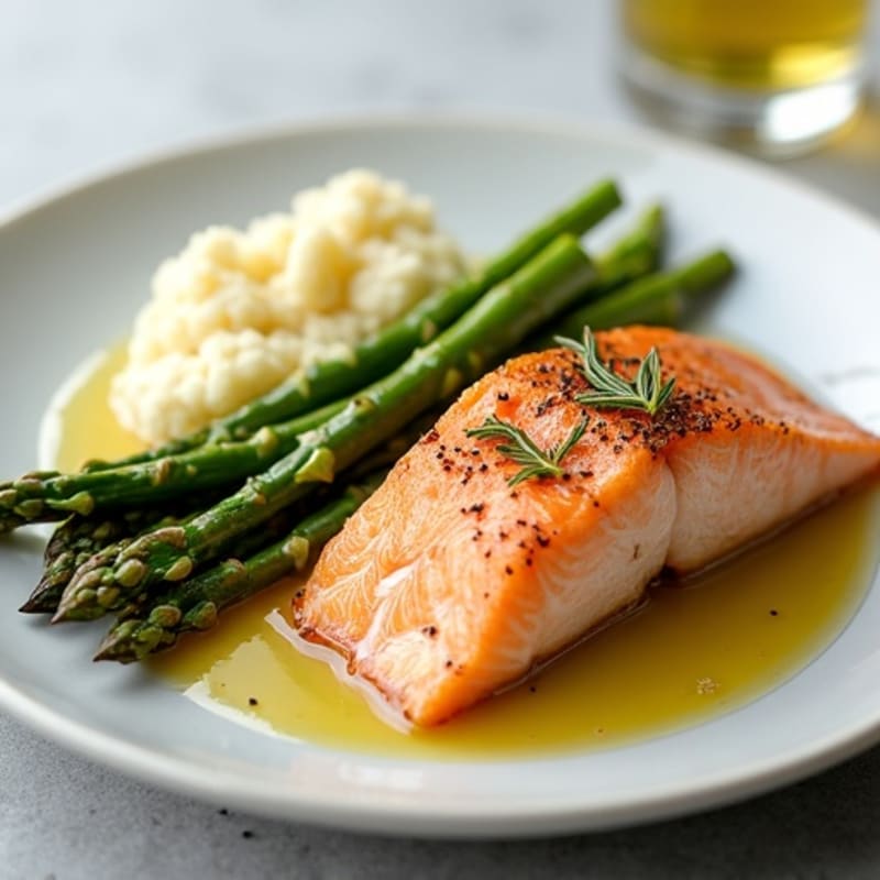 Seared Salmon with Steamed Asparagus and Garlic Mashed Cauliflower