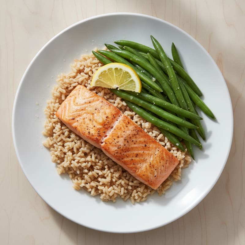 Seared Salmon with Steamed Green Beans and Brown Rice