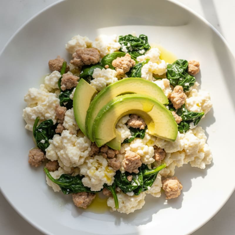 Egg White and Turkey Scramble with Sautéed Spinach