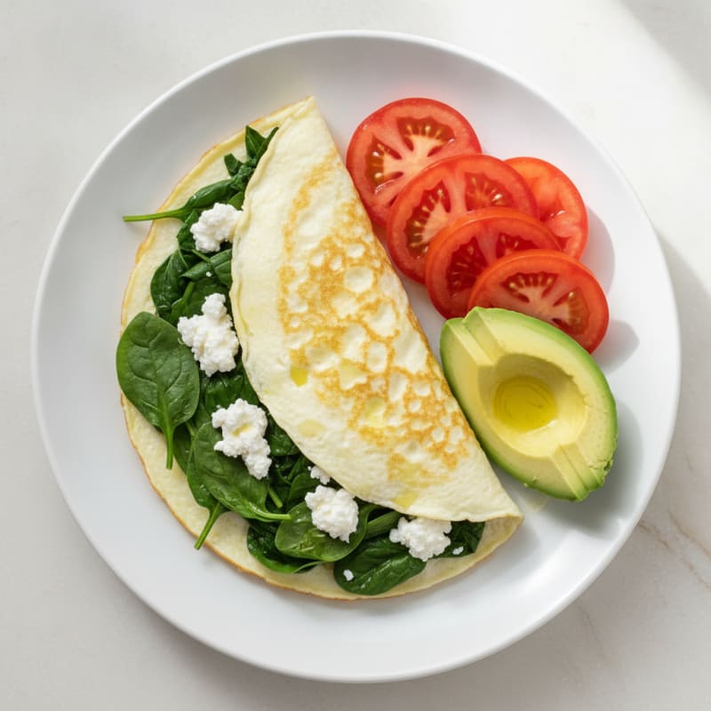 Egg White Spinach Omelette with Cottage Cheese and Sliced Tomatoes