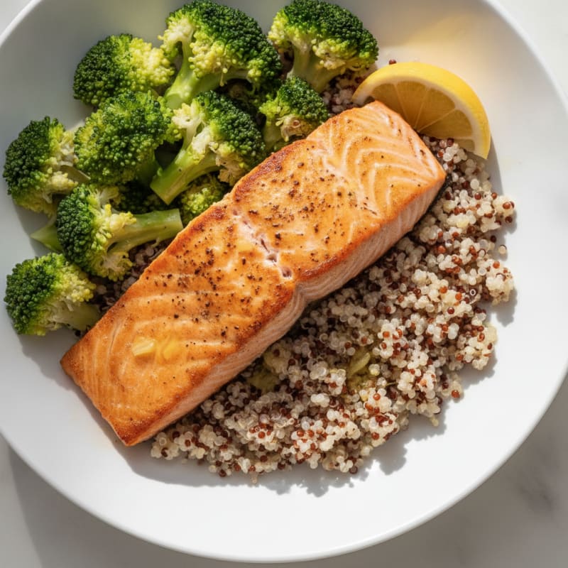 Seared Salmon with Steamed Broccoli and Quinoa