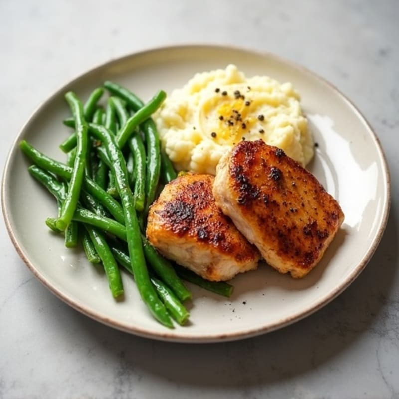 Seared Chicken Thighs with Steamed Green Beans and Cauliflower Mash