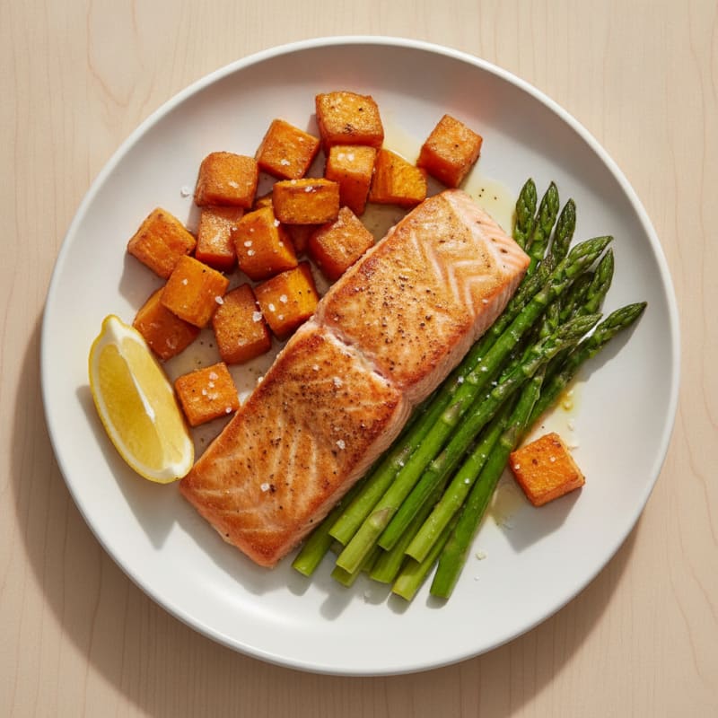 Seared Salmon with Roasted Sweet Potatoes and Asparagus