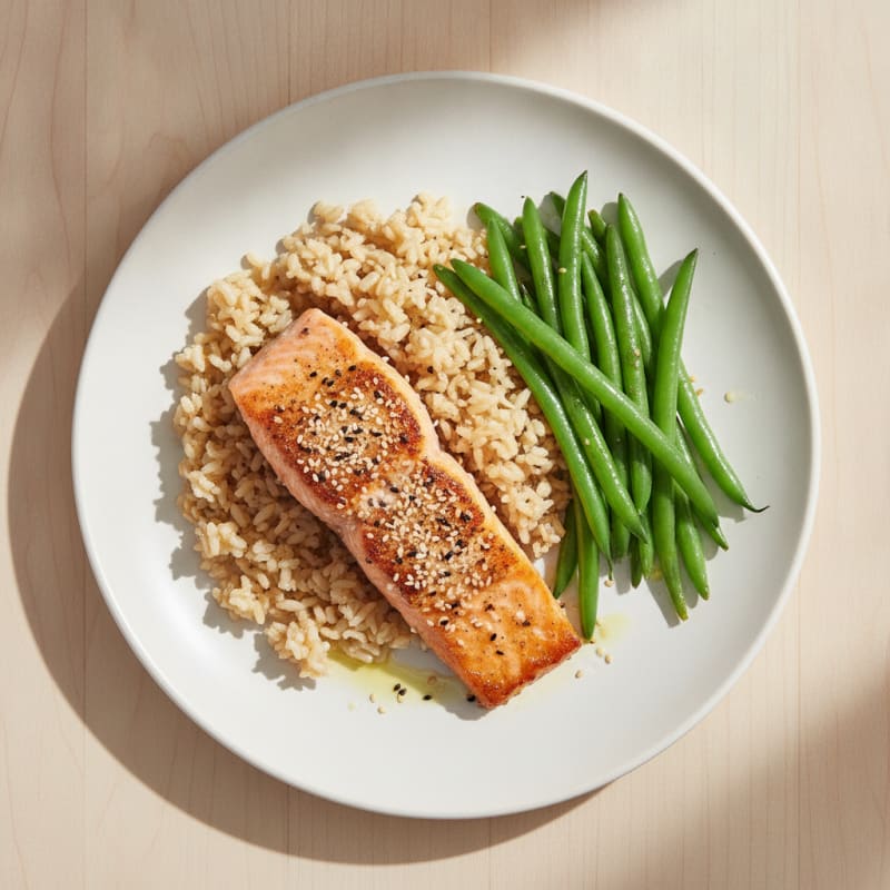 Seared Salmon Fillet with Steamed Green Beans and Brown Rice