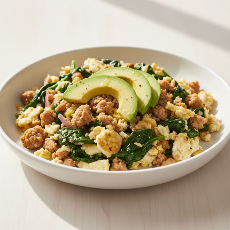 Egg White Scramble with Turkey Sausage and Sautéed Spinach