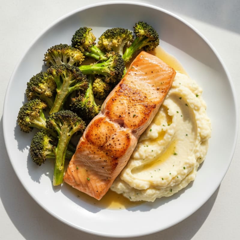 Seared Salmon Fillet with Roasted Broccoli and Garlic Mashed Cauliflower