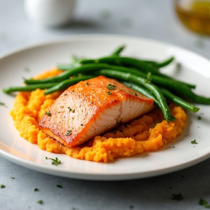 Seared Salmon with Steamed Green Beans and Sweet Potato Mash