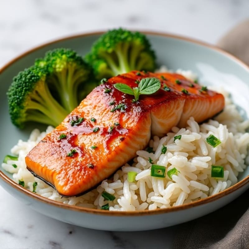 Soy-Glazed Salmon with Steamed Broccoli and Jasmine Rice