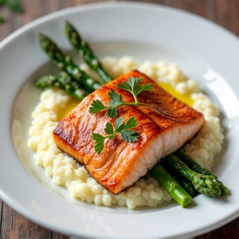 Seared Salmon Fillet with Steamed Asparagus and Cauliflower Mash