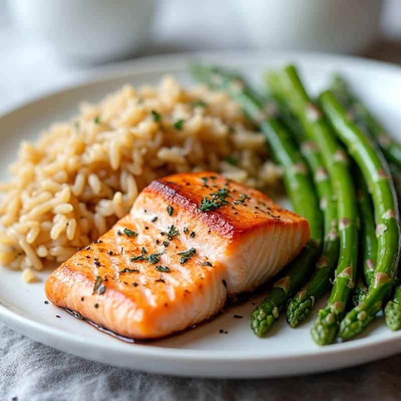 Seared Salmon with Steamed Asparagus and Brown Rice