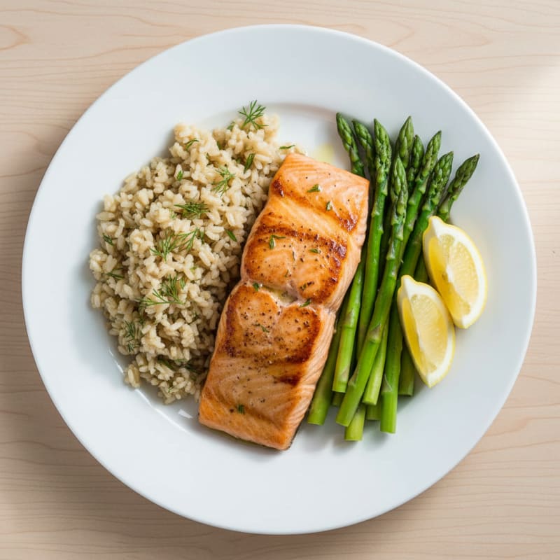 Seared Salmon Fillet with Steamed Asparagus and Herbed Brown Rice
