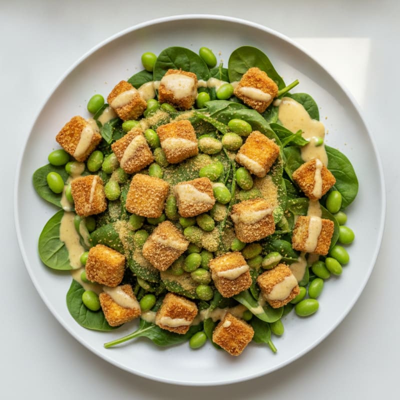 Crispy Tofu and Edamame Power Salad with Lemon-Tahini Dressing