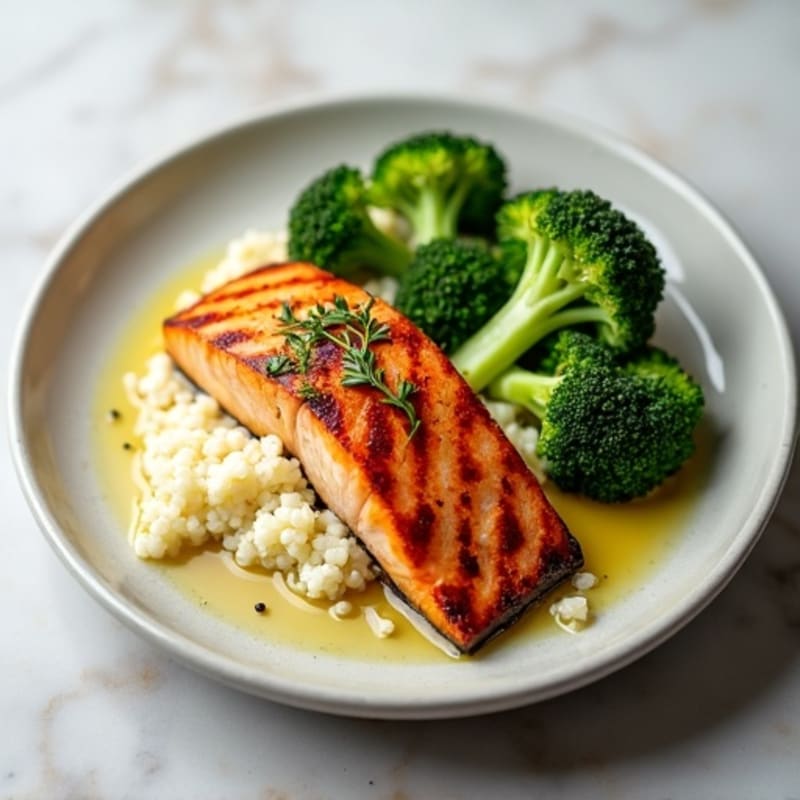 Seared Salmon Fillet with Steamed Broccoli and Cauliflower Rice