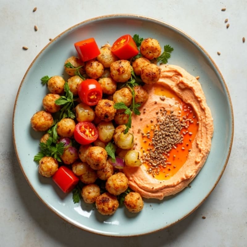 Crispy Chickpeas and Roasted Vegetables with Creamy Red Pepper Hummus