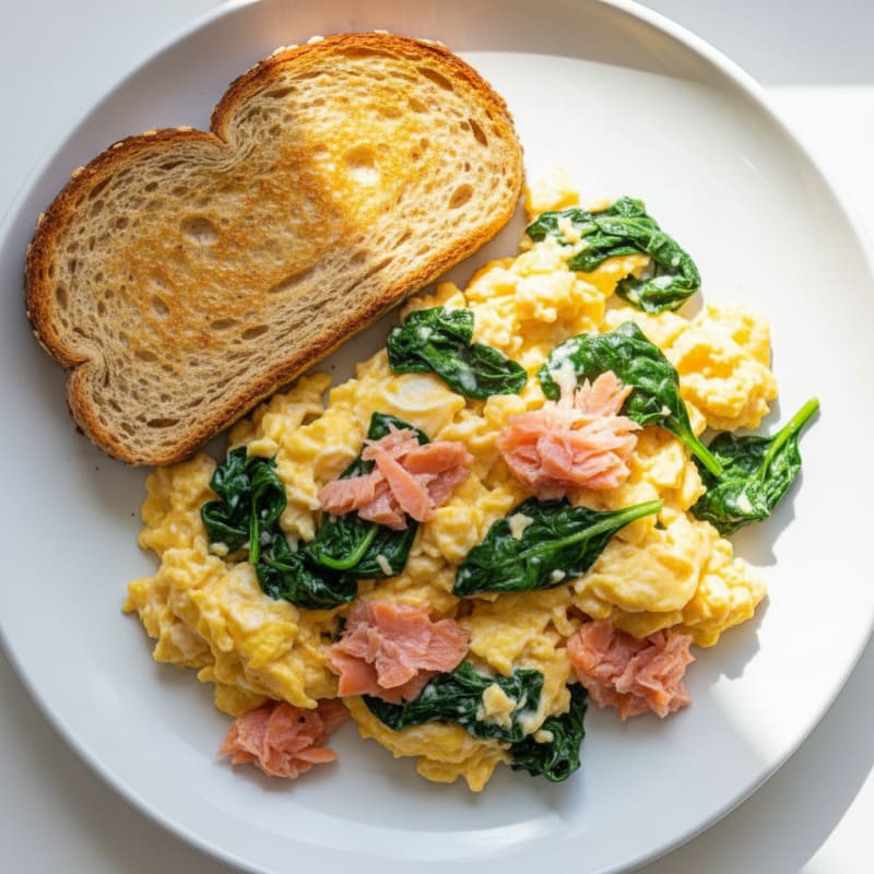 Scrambled Eggs with Sautéed Spinach and Wheat Toast