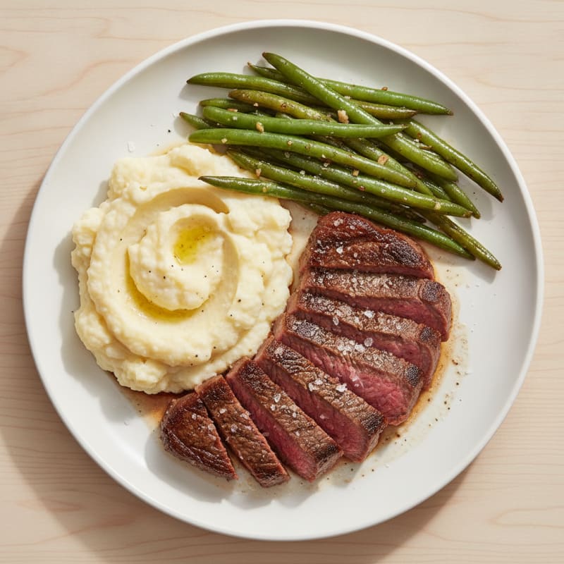 Seared Beef Steak with Garlic Green Beans and Mashed Cauliflower