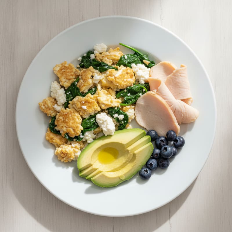 Egg White Spinach Scramble with Cottage Cheese and Sliced Turkey