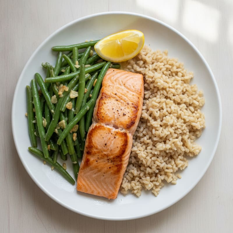Seared Salmon with Garlic Green Beans and Brown Rice