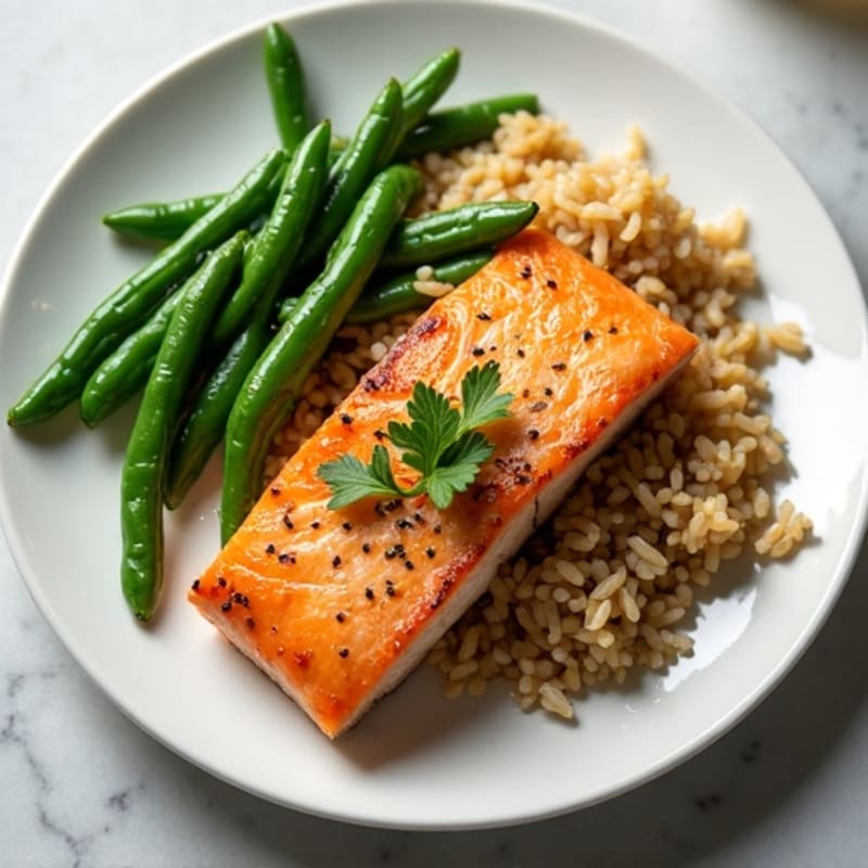 Seared Salmon with Garlic Green Beans and Brown Rice