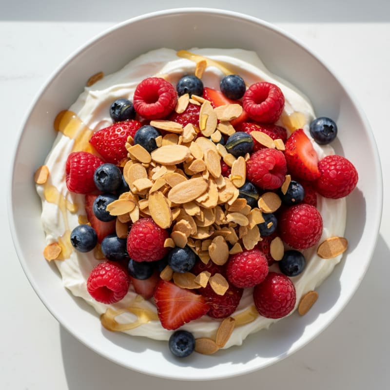 Vanilla Greek Yogurt Protein Bowl with Mixed Berries and Almonds