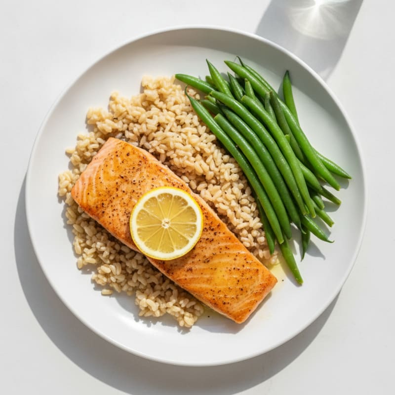 Seared Salmon Fillet with Steamed Green Beans and Brown Rice