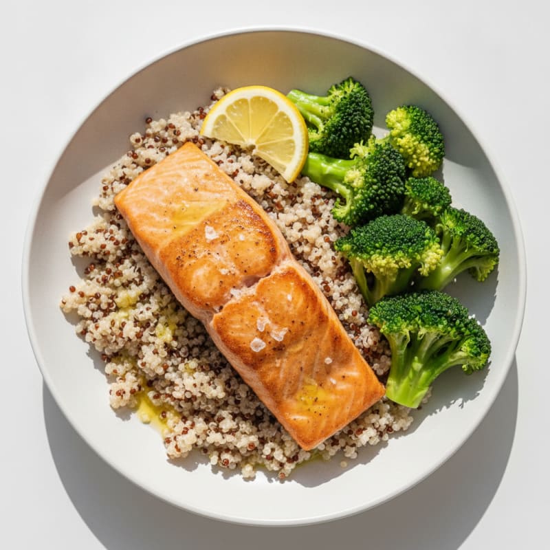 Seared Salmon with Steamed Broccoli and Quinoa