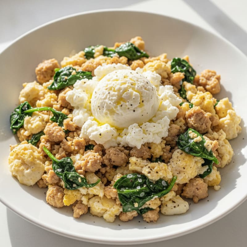 Egg White and Turkey Spinach Scramble with Cottage Cheese