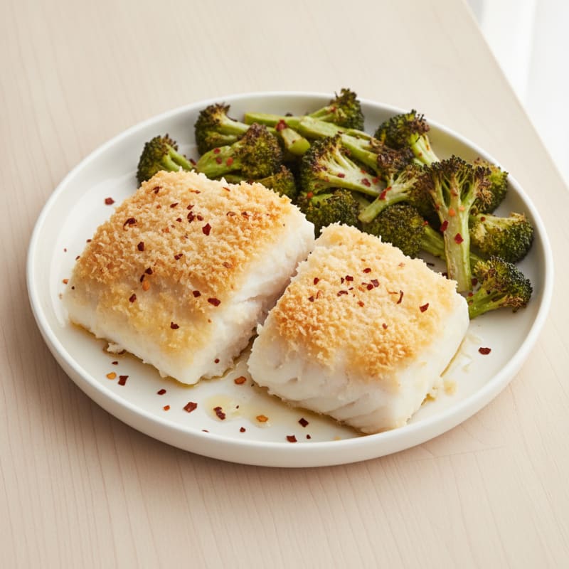 Cheesy Baked Cod with Roasted Broccoli and Chili Flakes