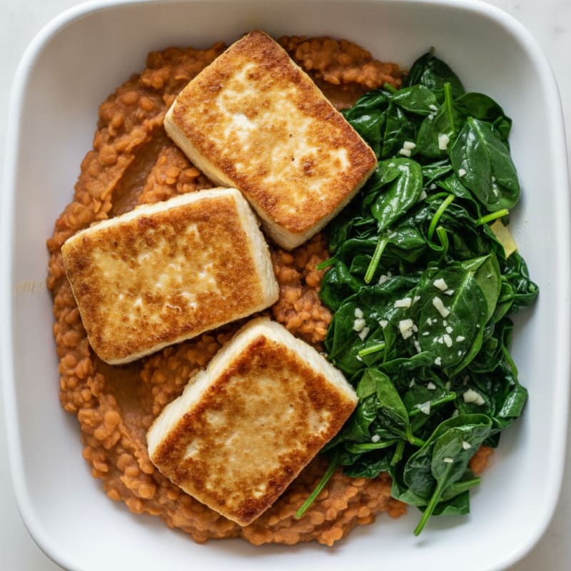 Seared Tofu Steaks with Garlic Spinach and Lentil Mash