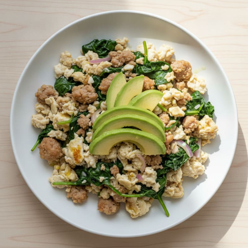 Egg White and Turkey Sausage Scramble with Sautéed Spinach