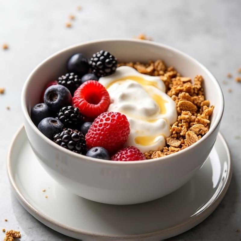 Greek Yogurt Bowl with Crunchy Granola and Mixed Berries
