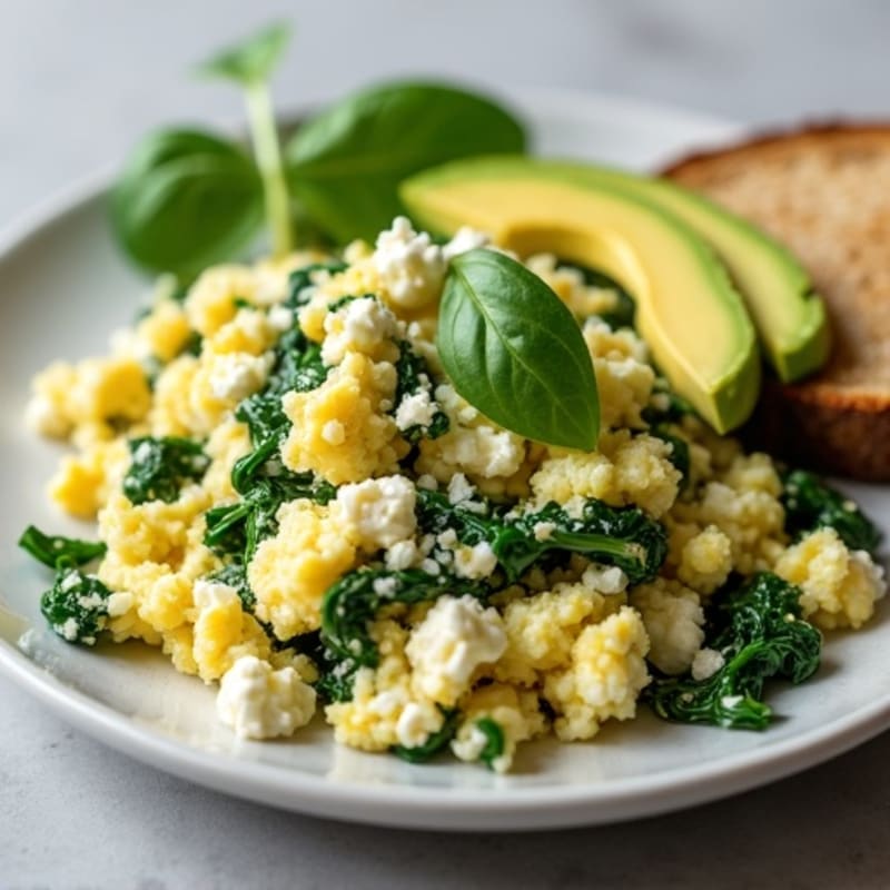 Egg White Spinach Scramble with Cottage Cheese and Sliced Avocado