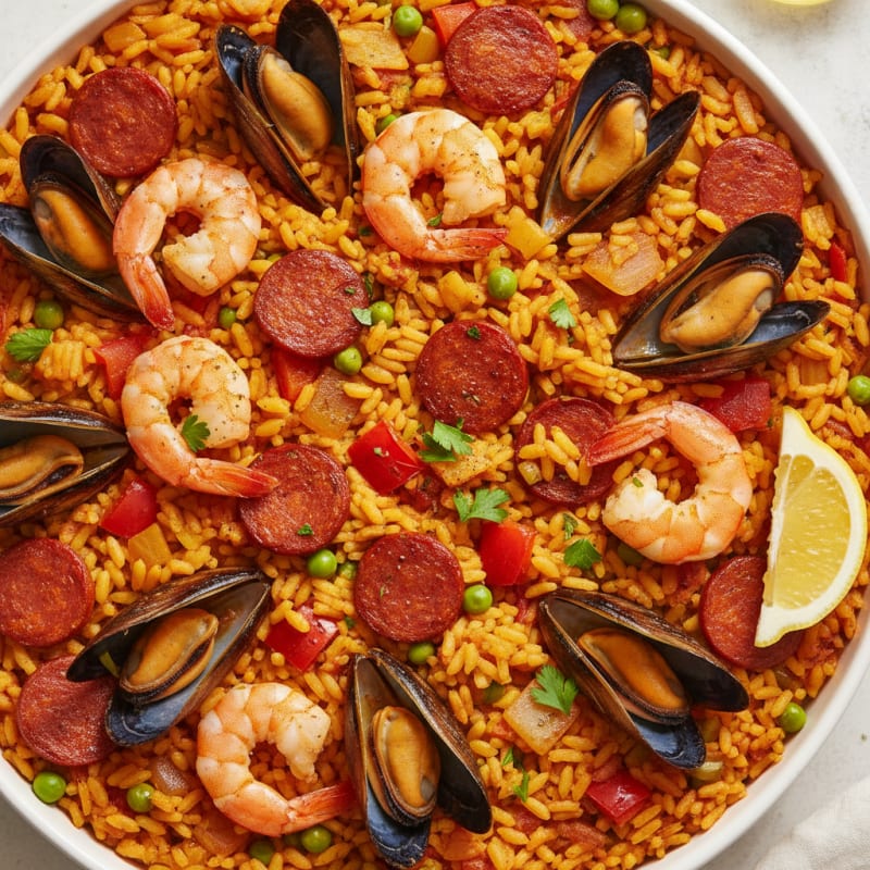 Saffron Seafood Paella with Chorizo