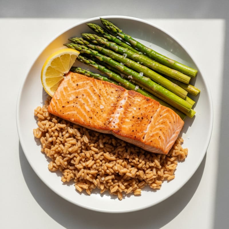 Seared Salmon with Steamed Asparagus and Brown Rice