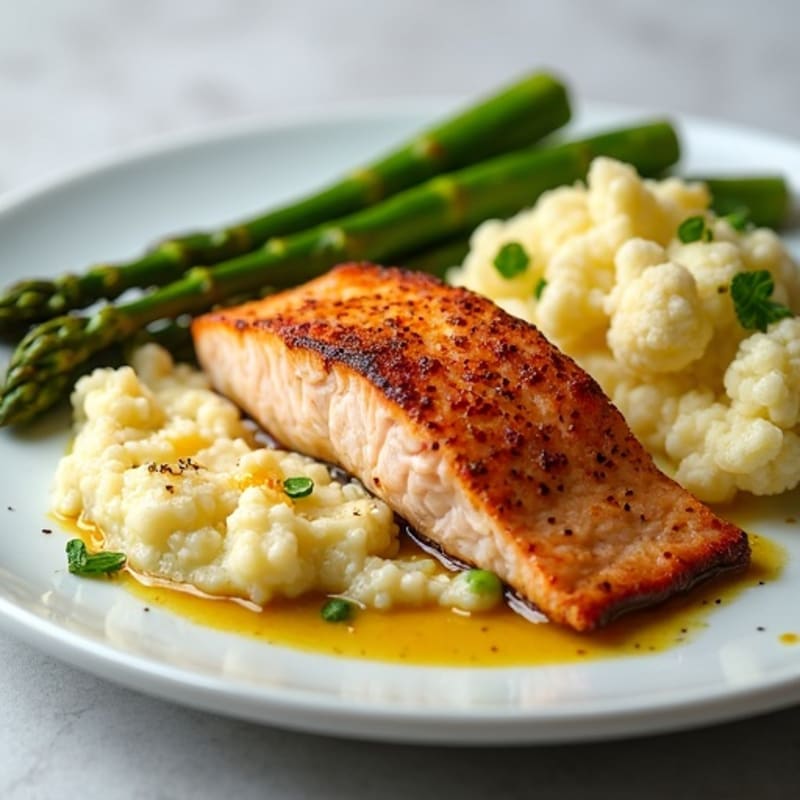 Seared Salmon with Roasted Asparagus and Cauliflower Mash