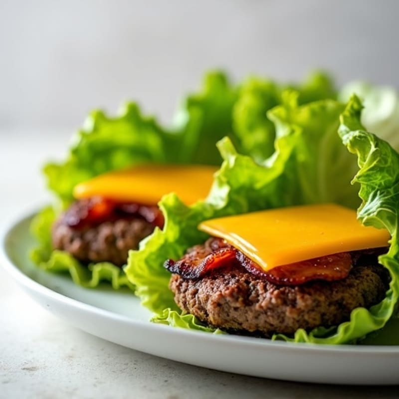 Lean Beef Burger Lettuce Wraps with Crispy Turkey Bacon and Sharp Cheddar