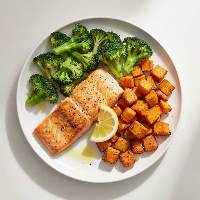 Pan-Seared Salmon with Roasted Sweet Potato and Steamed Broccoli