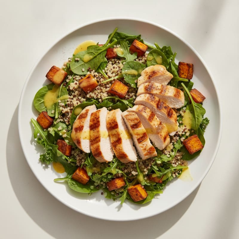 Grilled Chicken Breast Salad with Roasted Sweet Potato and Quinoa