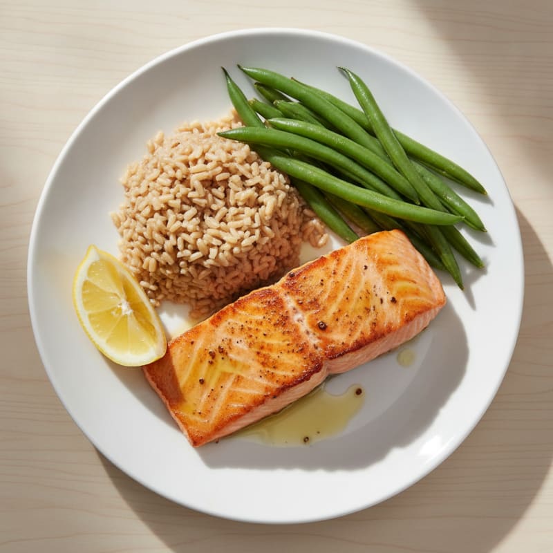 Seared Salmon with Steamed Green Beans and Brown Rice