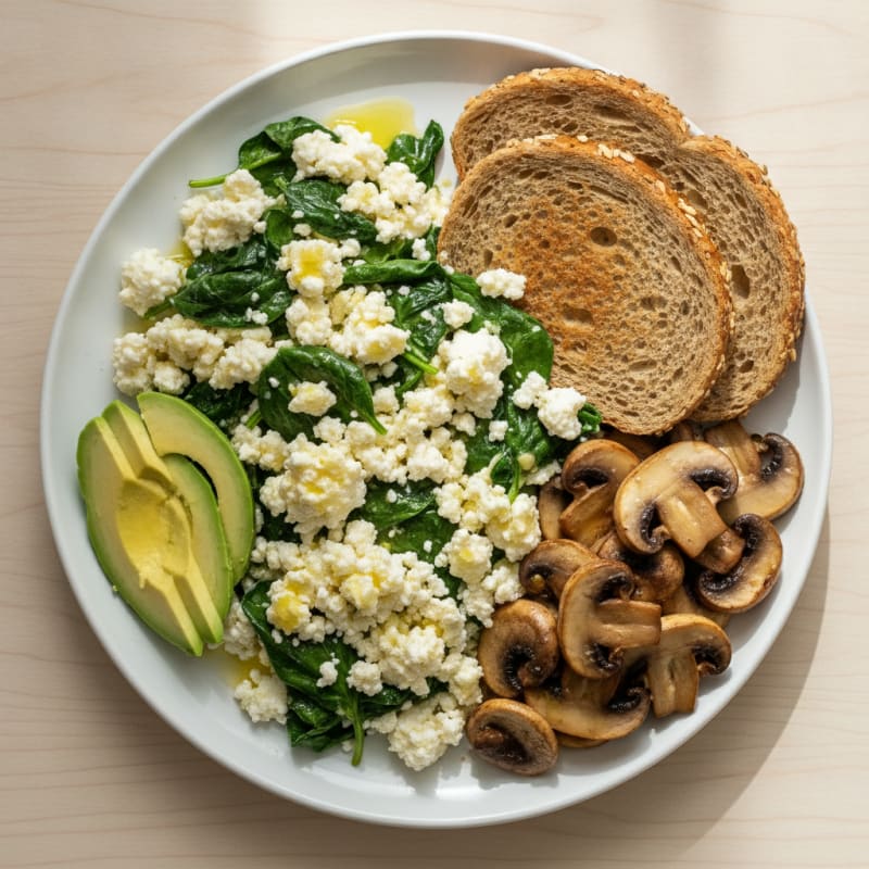 Egg White Spinach Scramble with Cottage Cheese and Sautéed Mushrooms