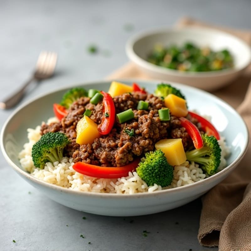Ground Beef Pineapple Ginger Stir-Fry with Broccoli and Bell Peppers over Rice